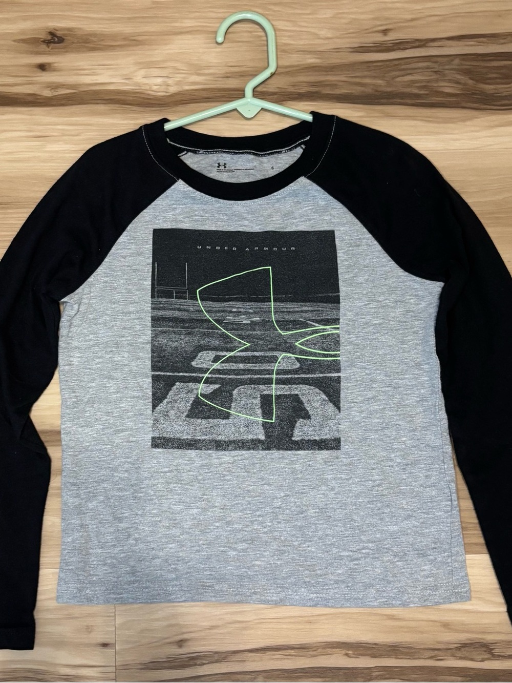 Under Armour Gray & Black Raglan Graphic Long Sleeve Tee with Neon Accent
